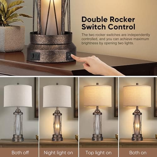 Qimh Farmhouse Table Lamps for Living Room, Rustic Nightstand Lamp for Bedroom with USB A+C Charging Ports, Frosted Glass Bedside Lamp with Night Light for Entryway End Table, 4 Bulbs Included, Bronze - Thumbnail 2