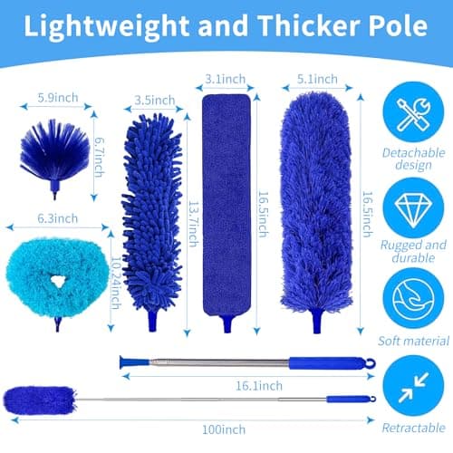 6-in-1 Duster for Cleaning Kit, Extendable Duster with Stainless Steel Pole - Microfiber, Ceiling Fan Cleaner Dusters and Chenille Dusters, Bendable Cobweb Removers for High Ceilings, Fans, Blinds - Thumbnail 3