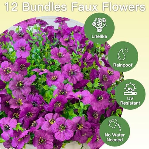 Artificial Flowers for Outdoor Indoor Garden Home Decoration, 12 Bundles Faux Flower Mums with Eucalyptus Leaves Realistic Faux Plants, Spring Decor for Porch Patio Balcony Planter Yard(Purple) - Thumbnail 2