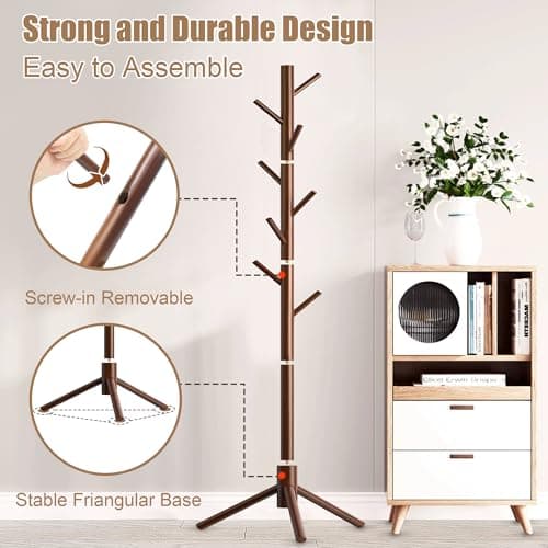 Aliphon Wooden Coat Rack Stand, Freestanding Coat Rack with 8 Hooks, 3 Adjustable Size Coat Tree for Hats, Coats, Scarves bags, Coat Hanger Stand Used in Bedroom/Office/Entryway （Brown） - Thumbnail 5