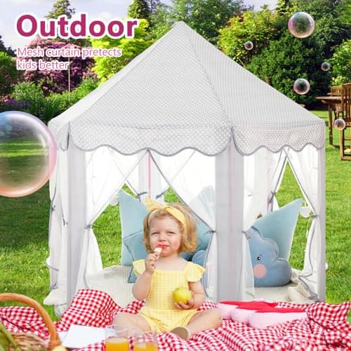 Monobeach Princess Tent Girls Large Playhouse Kids Castle Play Tent with Star Lights Gift Toy for Children Indoor and Outdoor Games, 55'' x 53'' (DxH) (Grey) - Thumbnail 4