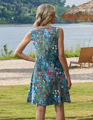 Zeagoo Summer Tank Dress Short Sundresses for Women Sleeveless Summer Dresses 2026 Pleated Loose Swing Aline Dress Floral Boho Sundress 0-Neck Mini Dresses with Pockets Colorful - Thumbnail 6
