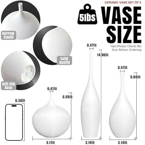 DecoVlog White Ceramic Vase Set of 3, Modern Boho Vases for Centerpiece Decor, Matte Minimalist Decorative White Vases Home Decor, for Living Room, Bookshelf, and Entryway Table Decor - Thumbnail 2
