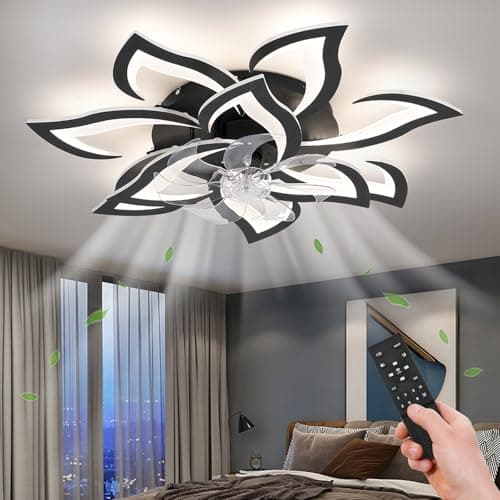 ZHMDJDSH 32" Black Flower Ceiling Fan with Light Remote Control, Low Profile Flush Mount Ceiling Fan for Kitchen Bedroom Living Room - Image 1