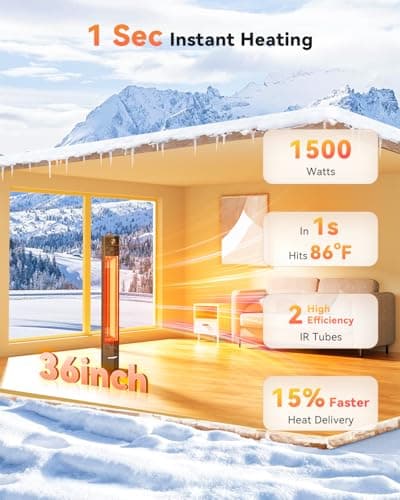 Encyclpo Patio Heater for Outdoor Use,1500W Infrared, 36 in Portable Tower Heater, 3 Levels, IPX5 Waterproof, Tip-Over&Overheat Protection for Garage, Indoor, Large Room, Backyard, Home - Thumbnail 2