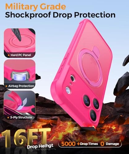 MOCCA Design for iPhone 17 Pro Case, Compatible with Magsafe [Premium Invisible Magnetic Ring Stand] [Military Drop Protection] Full Camera Guard Translucent Matte Slim Phone Cover 6.3",Hot Pink - Thumbnail 5