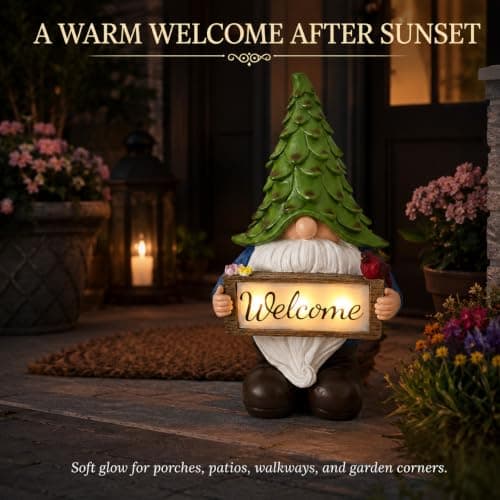 hvfun Solar Garden Gnome Statue with Welcome Sign, 13.5" Resin Outdoor Gnome Decor with LED Light, Cute Garden Statue for Yard, Porch, Patio, Lawn, Housewarming Gifts for Women Mom Grandma - Thumbnail 4