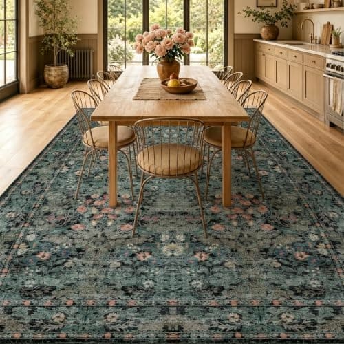 Dark Green Boho 5x7 Area Rugs for Bedroom Aesthetic, Washable Floral Rug for Living Room, Nursery - Low Pile Non Slip French Country Carpet for Dining Room Under Table - Botanical Mat for Indoor - Thumbnail 5