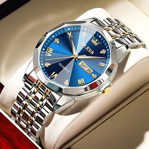 OLEVS Watch Men Blue Face Gold and Silver Stainless Steel Dress Luxury Watches for Men Two Tone Wrist Waterproof Fancy Quartz Analog Diamond Mens Watches Relojes para Hombres - Thumbnail 2