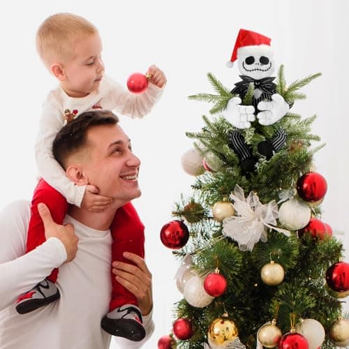 Tree Topper Decorations for Halloween and Christmas, Cute Plush Jack Huggers with Santa Hat, Poseable Handmade Tree Topper Party Decor - Thumbnail 3