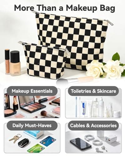 fahombag 2 Pcs Checkered Makeup Bag Set Corduroy Cosmetic Pouch for Women Large & Small Cute Preppy Aesthetic Black And White Travel Toiletry Pouch Organizer for Purse Skincare Brushes - Thumbnail 6