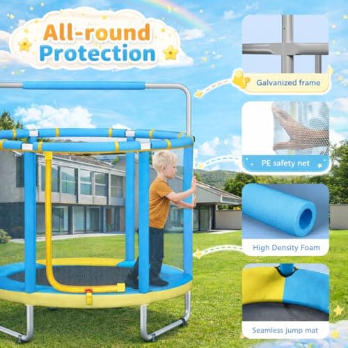 55" Trampoline for Kids with Enclosure, 4-in-1 Toddler Trampoline Indoor Outdoor, 440lbs Capacity Upgrade Trampolines with Adjustable Gymnastics Bar & Toys, for Boys & Girls, Easy to Assemble - Thumbnail 3