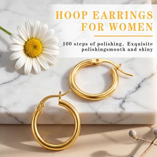 14K Gold Plated Hoop Earrings for Women, Hypoallergenic Lightweight Small Huggie Hoops, Fashion Gold Earrings with Gift Box Ideal Jewelry Gift for Birthday Valentine Mother's Day for Wife Her (19mm) - Thumbnail 4