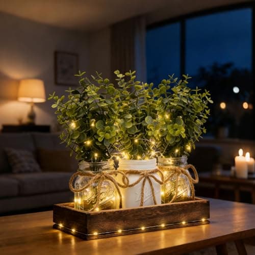 HOMECOR Mason Jar Centerpiece Light Table Decorations - Table Runner Home Decor Coffee Table Decor with Wood Tray and Remote Control Led Light Table Centerpieces for Home Kitchen Dining Living Room - Thumbnail 6