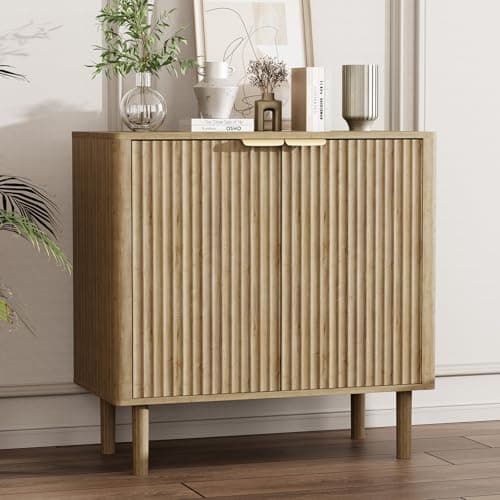IKALIFE Sideboard Buffet Cabinet with Storage, Modern Fluted Accent Credenza with Doors & Adjustable Shelves, Wood Coffee Bar Console Table for Living Room, Dining Room, Kitchen or Entryway 31.5" Oak - Image 1