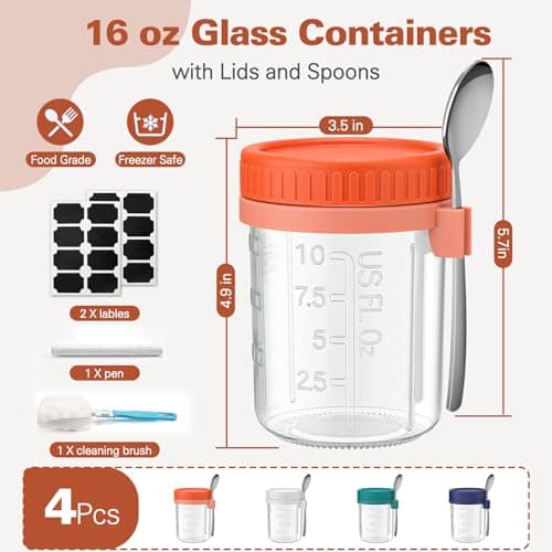 Cozyverge 4 Pack Overnight Oats Containers with Lids and Spoons, 16 oz Airtight Oatmeal Container with Measurement Marks, Overnight Oats Jars for Cereal Fruit Vegetable Milk Salad Yogurt Meal Prep - Thumbnail 6