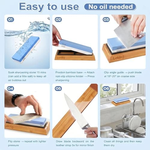 Leking Professional Knife Sharpener & Sharpening Stone Set: 1000/6000 Grit Dual-Sided Whetstone(7"x2.4"x1.2") with Bamboo Base, Non-Slip Silicone Holder, Angle Guide & Leather Strop Kit - Thumbnail 5