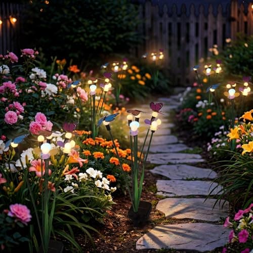 Hoikwo Solar Garden Lights 4 Pack, Swaying Butterfly Flower Stakes Outdoor, Lifelike Butterflies and Flowers with 6 LED Warm Lights, Solar Lights Decor for Yard, Patio, Garden, Pathway - Thumbnail 6