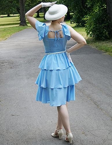 Women's Vintage Light Blue Sun Dress 2026 Summer Short Sleeve Tiered Ruffle Layered A-line Swing Bridal Shower Dress 2XL - Thumbnail 3