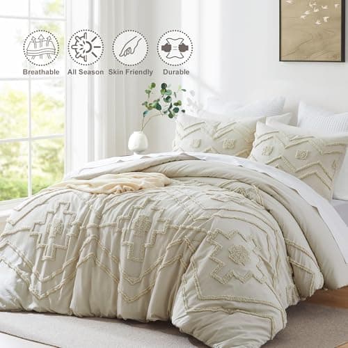 Oli Anderson Boho Tufted Comforter Set Queen Size, 3 Pcs Soft Jacquard Bedding Set for All Seasons, Shabby Chic Farmhouse Bedding Set with Comforters for All Seasons (Beige, Queen) - Thumbnail 2