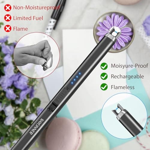 RAYONNER Rechargeable Electric Candle Lighter Windproof Plasma Arc Lighter for Deep Jars BBQ Camping Flameless Fire Starter Christmas Stocking Stuffers Gift (2 Pack - Black) - Thumbnail 5