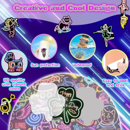 300 Pcs Cool Neon Water Bottle Sticker for Kids Teens, Waterproof Stickers for Water Bottle Laptop Skateboard, Assorted Fun Neon Sticker Pack Prizes for Kids Classroom Party Decorations - Thumbnail 5