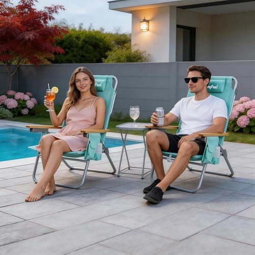 SUNNYFEEL Tall Beach Chair, Reclining Beach Chair with 5-Position, Portable Camping Chair for Adults with Wood Armrest, Lightweight Camping Chair 300 lbs Heavy Duty, Green, 2 Pack - Thumbnail 2