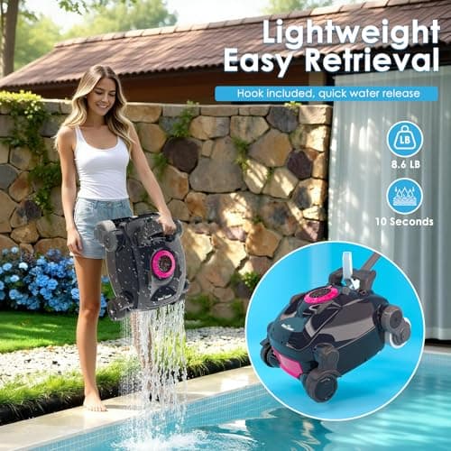 Cordless Robotic Pool Cleaner, Wall Climbing, Lightweight, Extended Battery Life, 8L Large Capacity, Advanced Dual-Motor, X1 Auto Pool Vacuum for Inground & Above Ground Pools Up to 1100 Sq.Ft, Pink - Thumbnail 5