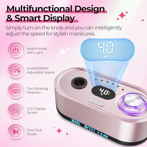 JOSGLOI 40000RPM Electric Nail File Drill Professional Kit, Drill Machine with LCD Display, Manicure Pedicure Polishing Acrylic Gel Nail Grinder for Salon, Home Use - Thumbnail 4