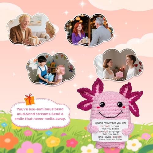 Roqei Mini Crochet Axolotl with Positive Message Card Handmade Motivational Gift for Women Men Teen Birthday Valentines Gifts, Easter Basket Stuffers(Love) - Thumbnail 6