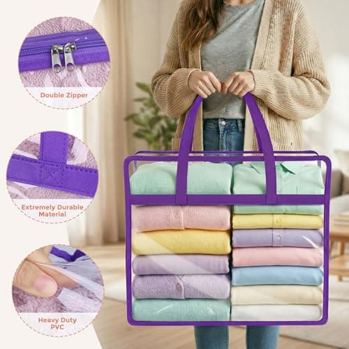 Budding Joy 6 Pack Clear Zippered Storage Bags for Clothes,40L Closet Organizers and Storage Containers Vinyl Moving Bag for Bedding, Linen, Blankets, Comforters, Clothing & Toys - Thumbnail 3