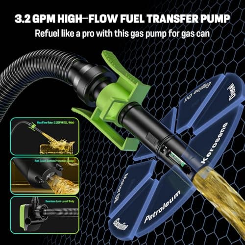 Fuel Transfer Pump with Auto Stop Sensor(3.2 GPM) Compatible with DeWalt DCB20 & Milwaukee M18 Batteries(Not Included), Portable Fuel Pump, 41" Hose Gas Can Pump for Diesel, Gasoline, 3 Tank Adapters - Thumbnail 6