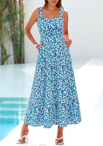 PRETTYGARDEN Womens 2026 Summer Dresses Fashion Clothing Floral Maxi Dress Ruffle Long Flowy Boho Beach Vacation Sundresses (Blue Floral,Small) - Thumbnail 6