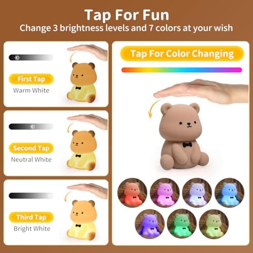 Pak Cute Bear LED Night Light, Soft Silicone Nursery Night Light for Breastfeeding, Touch Control Squishy Night Lamp, 7 Color Changing, USB Rechargeable Desktop Light, Room Decor, Gift for Kids Lovers - Thumbnail 5