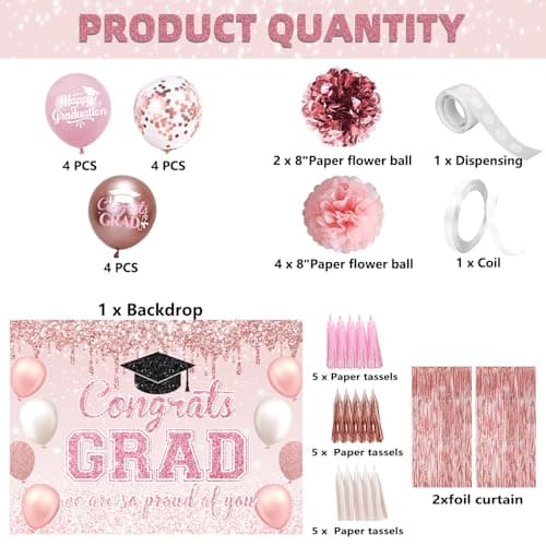 Graduation Decorations Class of 2026, Congrats Grad Backdrop, Graduation Balloons, Paper Pompoms, Paper Tassels, Foil Curtains for 2026 Graduation Party Decorations(Pink) - Thumbnail 2
