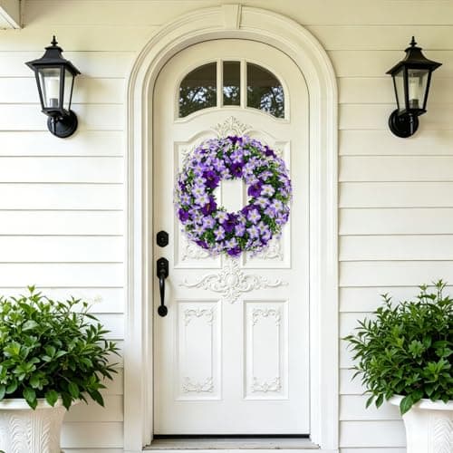 U'Artlines 20 Inch Boxwood Door Wreaths with Purple Morning Glory Flowers - Thumbnail 2