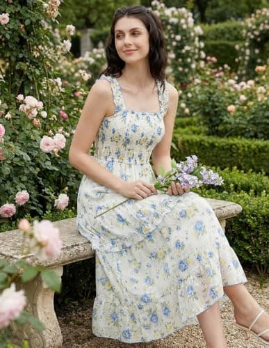 Scarlet Darkness Floral Dress for Women 2026 Flowy Sundress Smocked Cottagecore Dresses Yellow Blue XL - Thumbnail 4