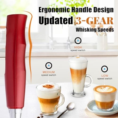 Nahida Red Milk Frother Wand for Coffee - Rechargeable Handheld Electric Whisk with 3 Heads, 3 Speeds - Drink Mixer for Latte, Cappuccino, Hot Chocolate - Thumbnail 3