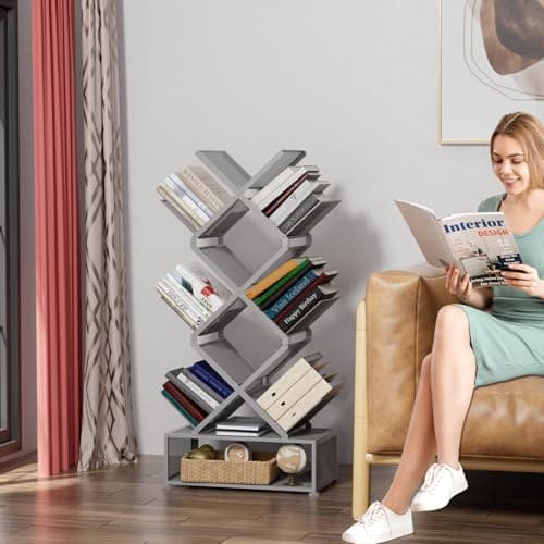 Gintan 9-Tier Modern Book Shelves with Storage, Bedroom Shelves Folding Bookshelves, No Installation Required Shelf Tree Bookcase for Living Room, Study, Home Office, Bed Room (Grey) - Thumbnail 2