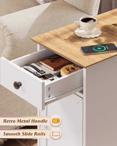 WLIVE End Table with Charging Station, Narrow Sied Table with Drawer & Cabinet, Side Table with Adjustable Shelf for Living Room/Bedroom, Farmhouse Nightstand with Hidden USB Ports and Outlets, White - Thumbnail 4