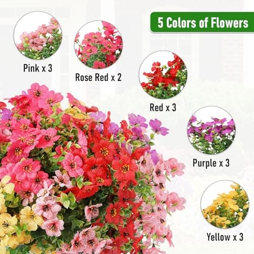 Powbrace Artificial Flowers Outdoor, Faux Silk Flowers Plastic Plants for Outdoors Indoor Outside Front Porch Hanging Planter Window Box Garden Home Decoration, 14 Pack (Mix) - Thumbnail 3