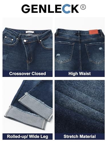Genleck Wide Leg Cropped Jeans for Women Trendy High Waisted Crossover Boyfriend Jeans Mom Baggy Stretchy Denim (Dark Blue, XS) - Thumbnail 5