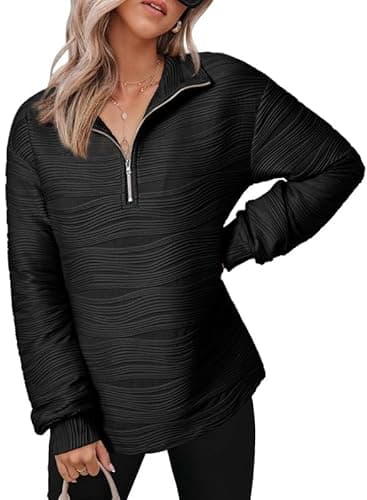 Dokotoo Womens Half Zip Pullover Long Sleeve Shirts Sweatshirts for Women Blouses Textured Tunic Tops Teen Girls Fall Jackets Winter Outfits Clothes Black Large - Thumbnail 2