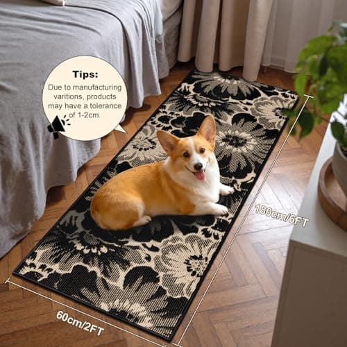 Findosom Hallway Runner Rug 2x6, Non Slip High-Low Textured Floral Washable Runner Rug with Rubber Backing, Boho Carpet Runner for Kitchen, Entryway, Bedroom, Laundry, Black & Beige - Thumbnail 2
