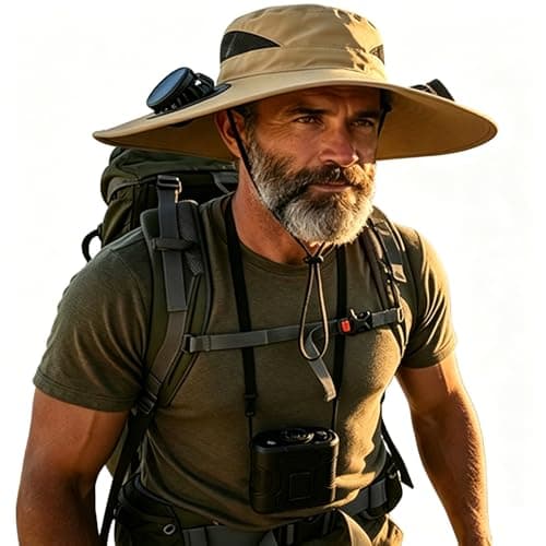 Portable Fan with Solar Fan Hat 2-in-1 Combo, Wide Brim UPF 50+ Sun Hat with Detachable 4-Speed Neck/Waist Fan, LED Light for Camping Hiking Fishing Outdoor