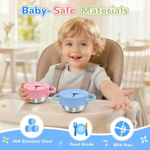 2 Pack Toddler Snack Containers –13.5oz Food Grade Stainless Steel Snack Cups for Toddlers Spill Proof with Snowflake Silicone Lids & Handles, Baby Snack Containers, Dishwasher Safe Toddler Snack Cups - Thumbnail 2