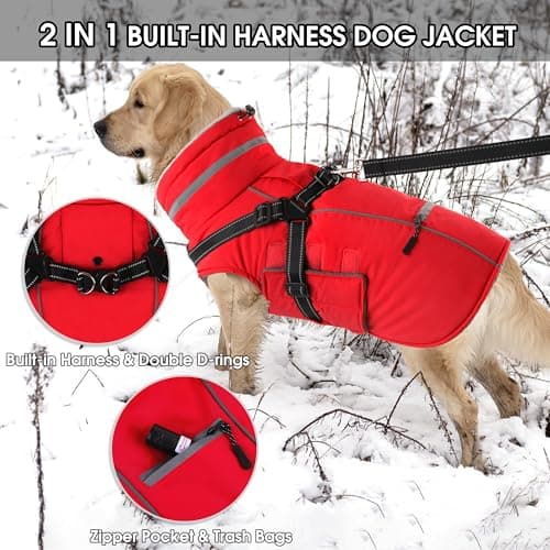 PETDSH Dog Coat Large, Built-in Harness Dog Jacket with Warm Fleece Lining, Waterproof Reflective Dogs Winter Coat, Pet Coats with Pocket and Trash Bags (Red, XX-Large) - Thumbnail 3