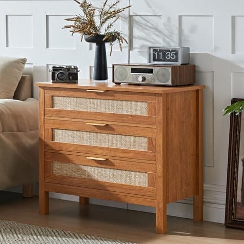 LEYAOYAO 31.5" Wide Rattan Nightstand, Large Boho 3 Drawer Night Stand, Tea Brown Bedside Table with Storage, Tall Bed Side End Tables, Chest of Drawers Dressers for Bedroom, Living Room, Hallway - Thumbnail 3