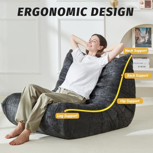 Homguava Bean Bag Chair, Giant Beanbag Chairs for Adults, Memory Foam Fireside Chair, Large Lazy Floor Sofa, Sofa Couch with High-Rebound Foam, Lounge Chair for Living Room, Bedroom (Grey, Single) - Thumbnail 3