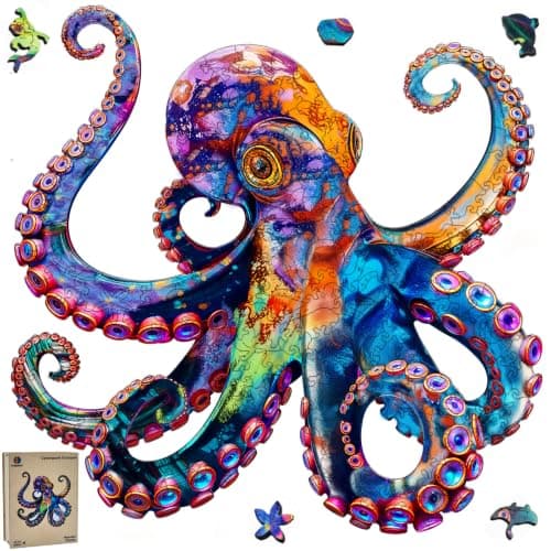 Hopelucr Wooden Puzzles for Adults, Ocean Octopus Jigsaw Puzzles for Adults 200 Pieces, Unique Shape Wooden Puzzles, Creative Gift for Friends Family Game Home Wall Decor 11x11 in - Image 1